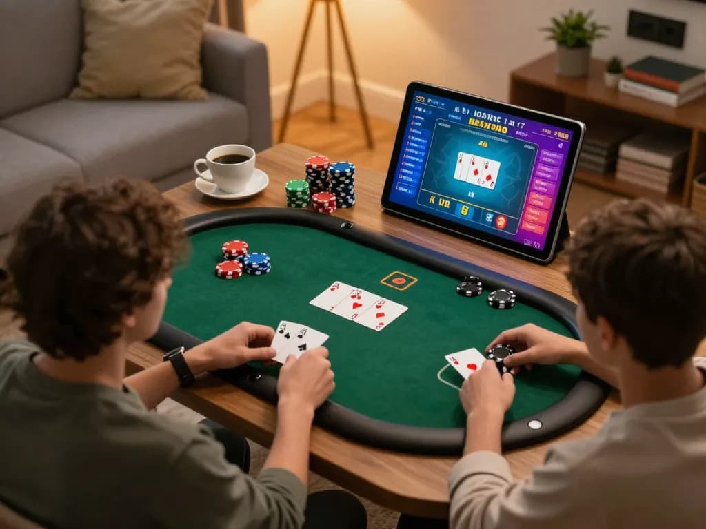 Engaged player strategizing in an online poker game with god55 on tablet in a cozy living room.
