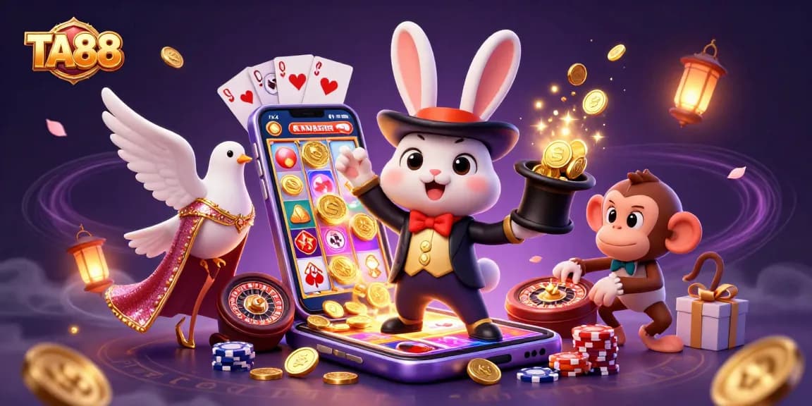 Engage with TA88's thrilling casino experience featuring a magician rabbit, coins, and gaming elements.
