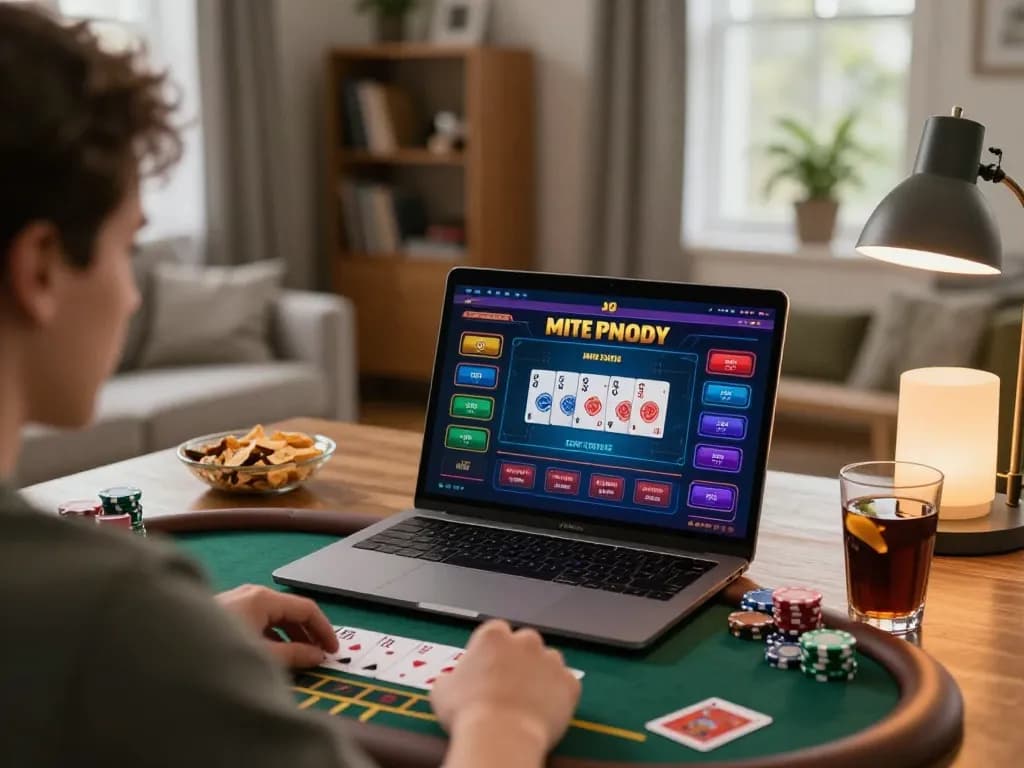 Engaging in online blackjack gameplay at home with bem88 casino interface visible on screen