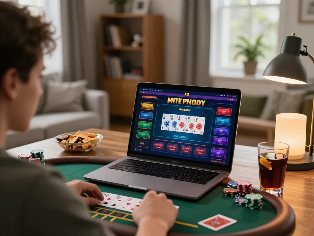 Engaging in online blackjack gameplay at home with bem88 casino interface visible on screen