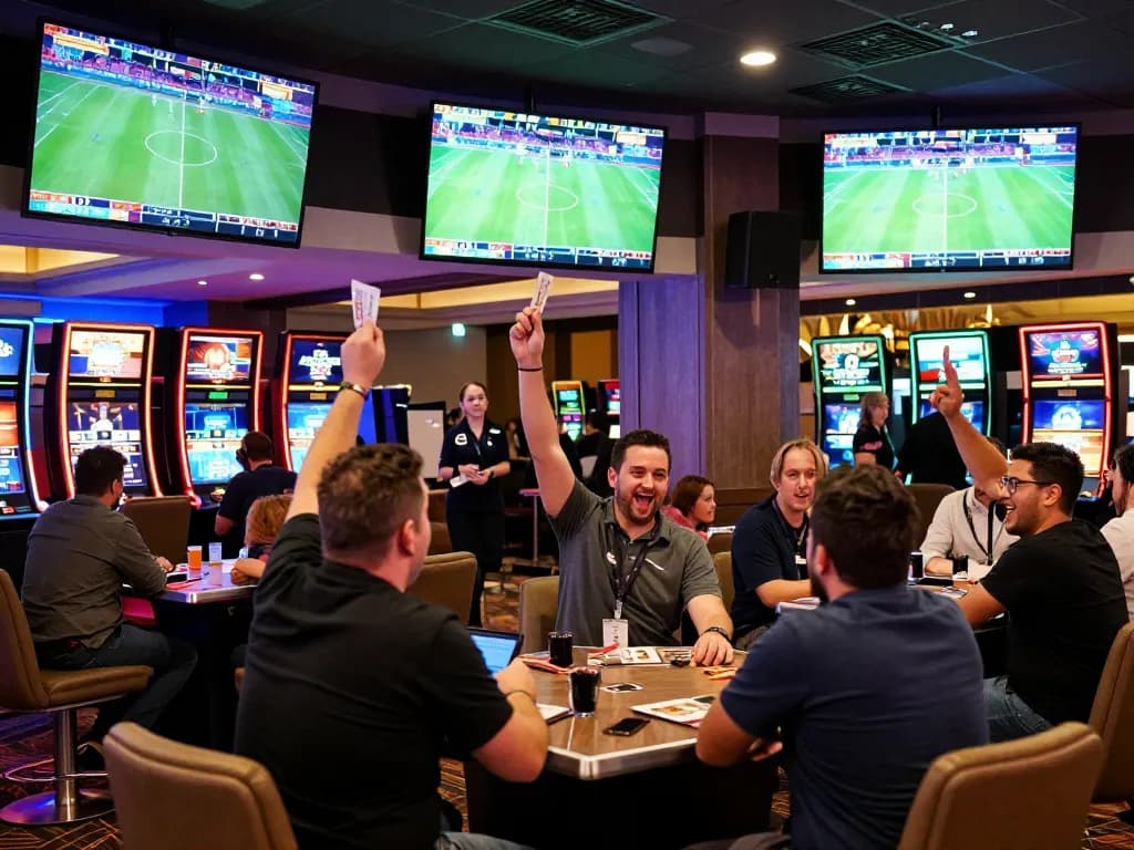Experience the thrill of tin soi kèo at a sports betting area with enthusiastic bettors and live screens.