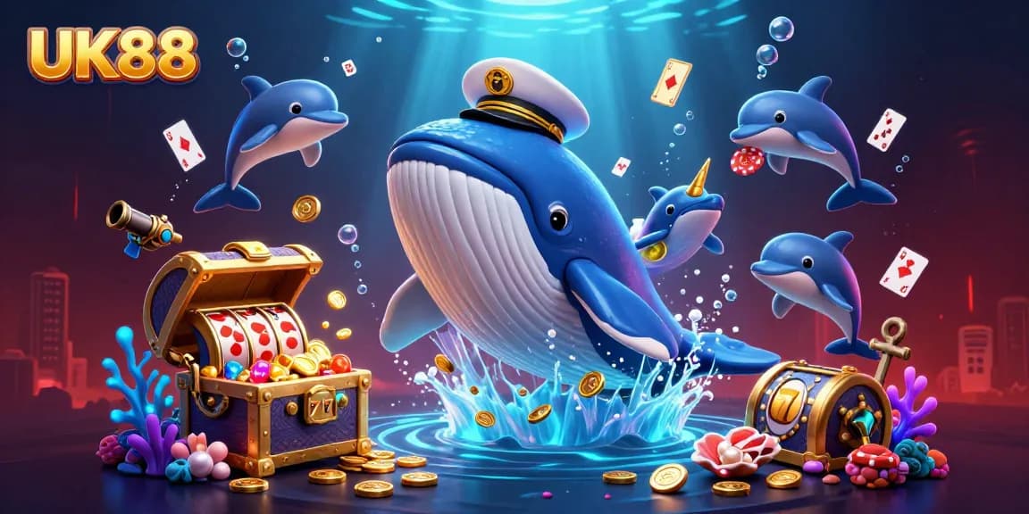 Experience the thrill of UK88 with an enchanting underwater casino scene filled with whimsical characters and vibrant treasures, captivating players.