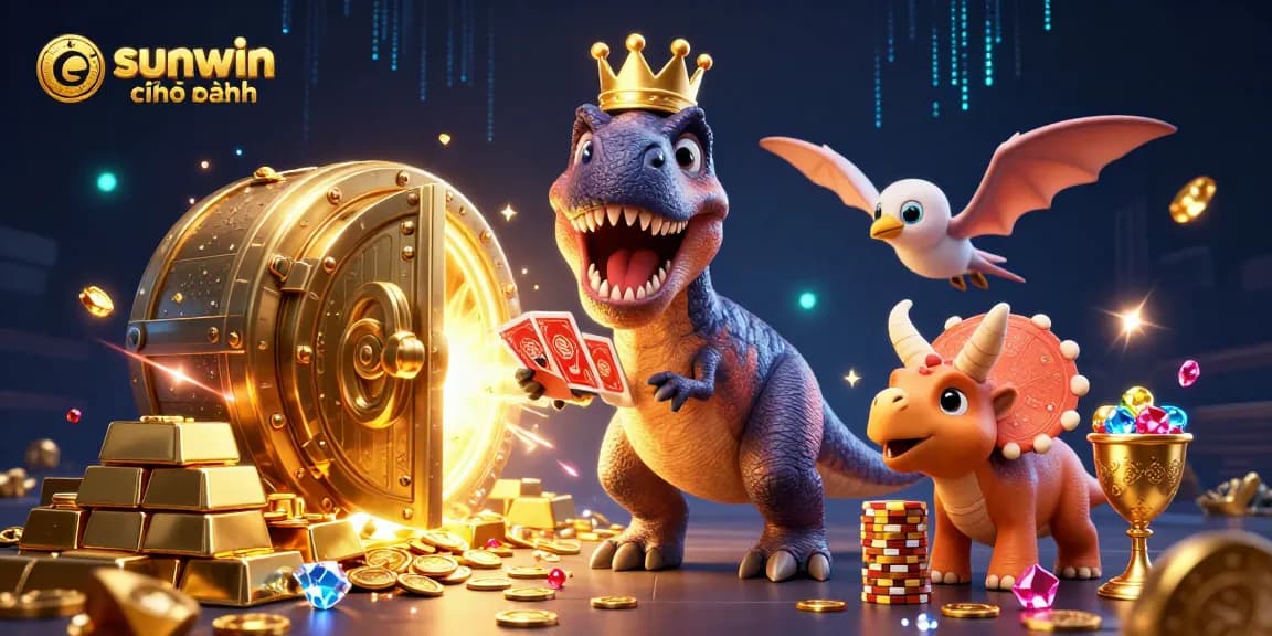 Experience thrill with sunwin chính hãng featuring 3D T-Rex shuffling cards amidst gold treasures.