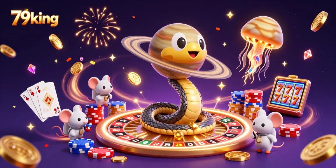 Bet big with 79king's cosmic casino featuring a Saturn snake and golden jellyfish dealer.