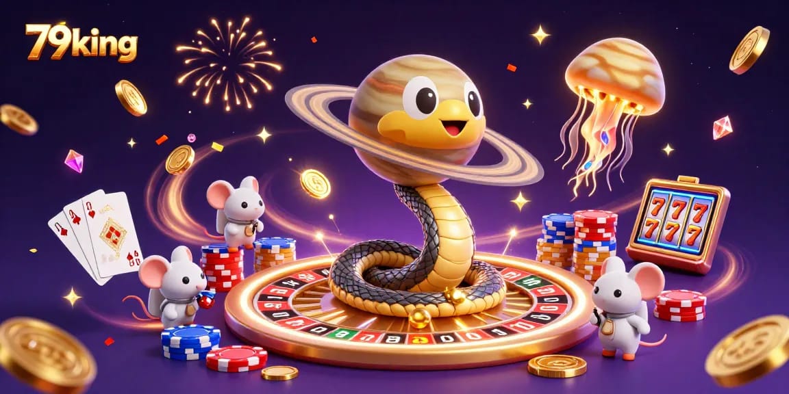 Bet big with 79king's cosmic casino featuring a Saturn snake and golden jellyfish dealer.