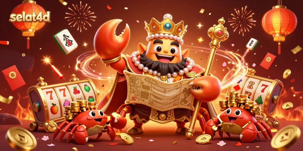 Engage with selat4d's vibrant casino world featuring a golden crab emperor amidst slot reels and festive symbols.