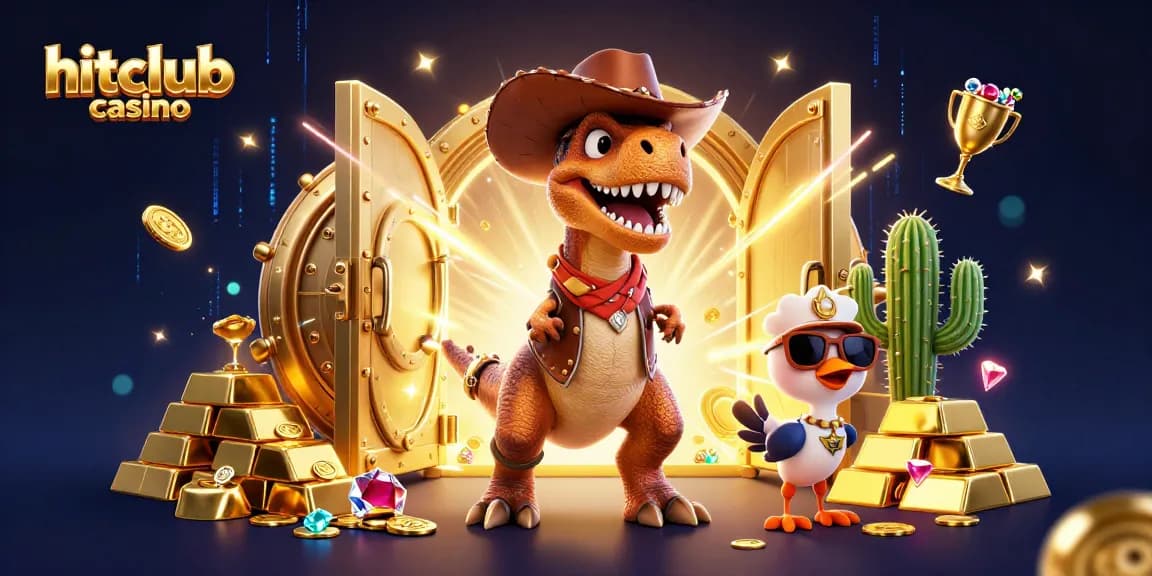 Join the excitement at hitclub casino with a thrilling scene of characters surrounded by treasures and game elements.
