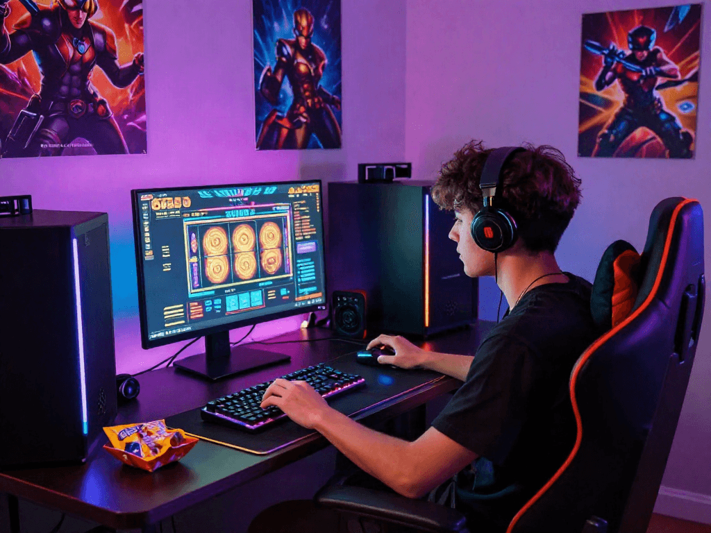 Engaged gamer experiencing the excitement of toto slot gaming in a vibrant setup.