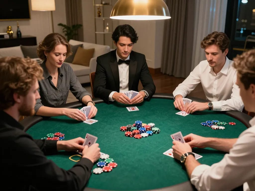 Experience NK88 BET with friends in a lively home poker game, showcasing strategy and excitement.