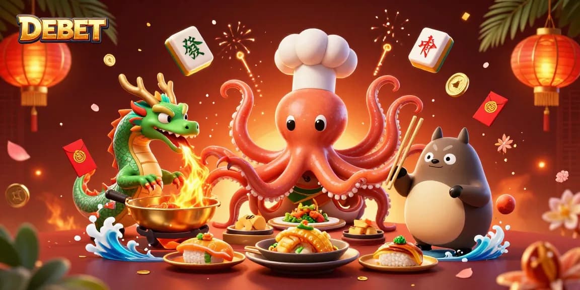 Experience DEBET thrills with cartoon sushi chef octopus, wasabi dragon, and tanuki in action!