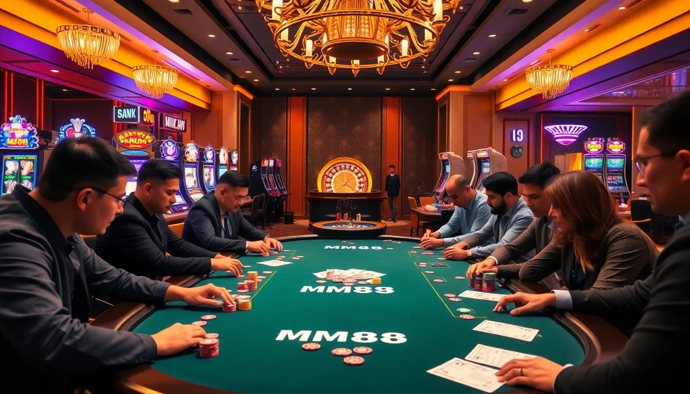 Exciting poker session with MM88 branding at a luxurious casino table.