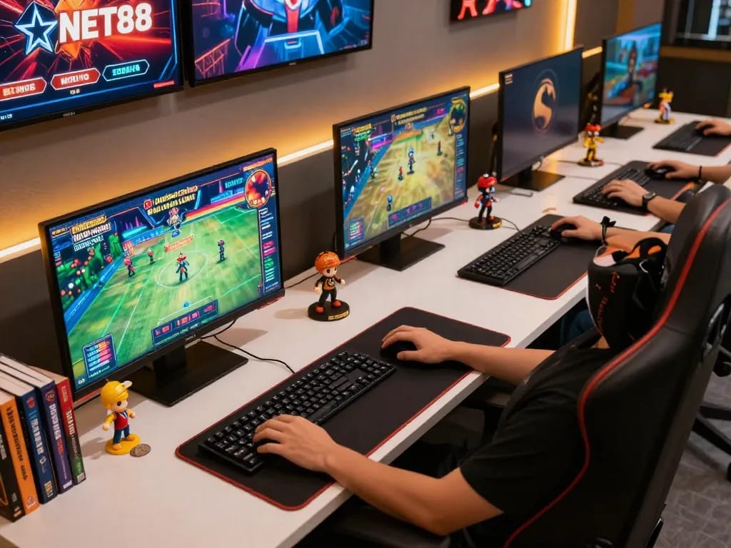Players engaged in United Gaming NET88 casino games at a professional gaming setup.