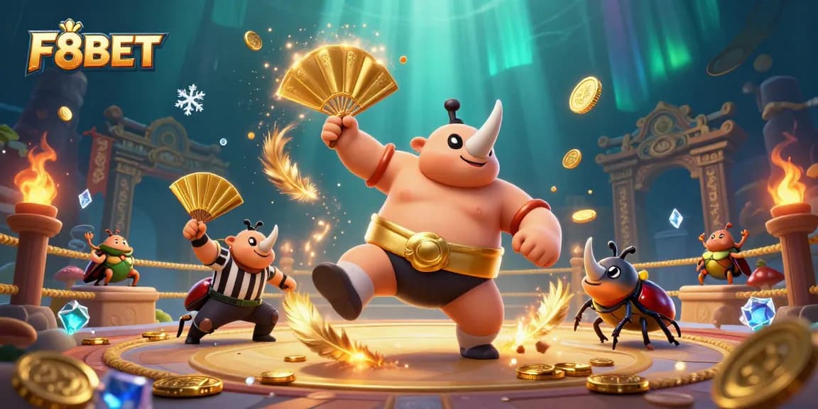 Experience F8BET with a powerful sumo-themed illustration featuring dynamic casino elements.