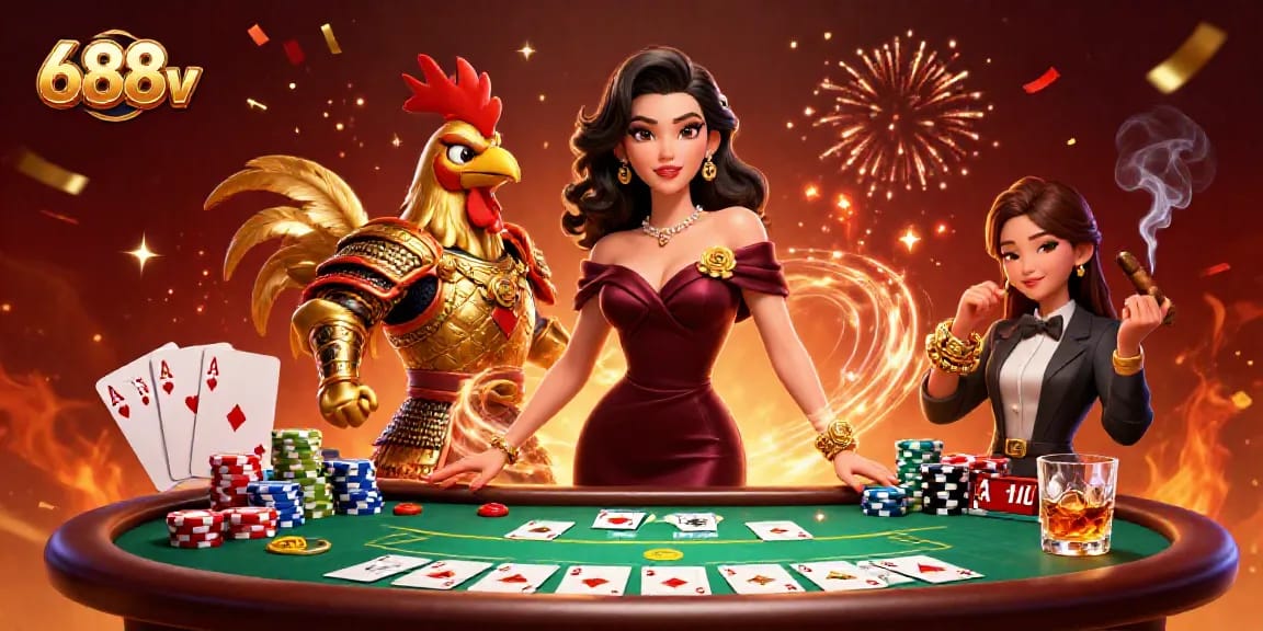 Experience thrilling poker action at 688v amid glamorous 3D characters and vibrant casino elements.
