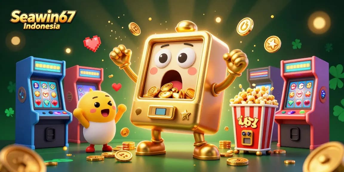 Seawin67 Indonesia menghadirkan mesin slot emas 3D yang merayakan jackpot, dikelilingi elemen permainan khas kasino.