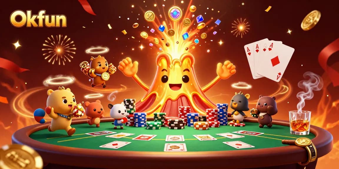 Experience Okfun's thrilling gameplay amidst a vibrant eruption of treasures and casino charm.