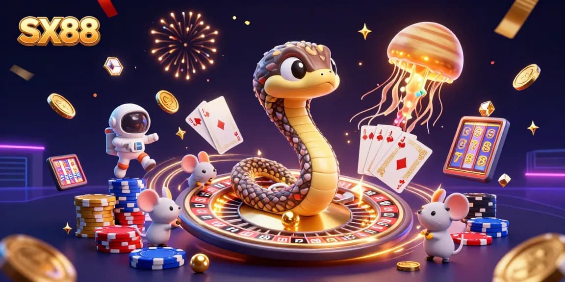 SX88 players enjoying a vibrant casino scene with astronauts betting on rings while a jellyfish dealer oversees the action.