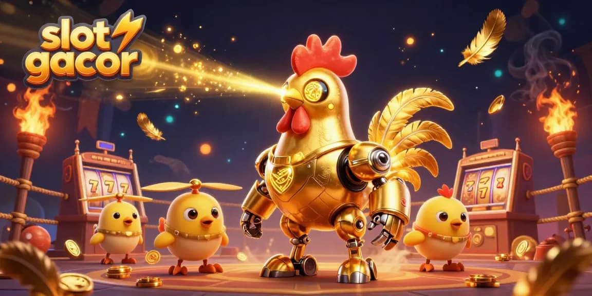 Permainan slot gacor dengan karakter robot ayam emas melawan drone anak ayam, memancarkan sinar laser.