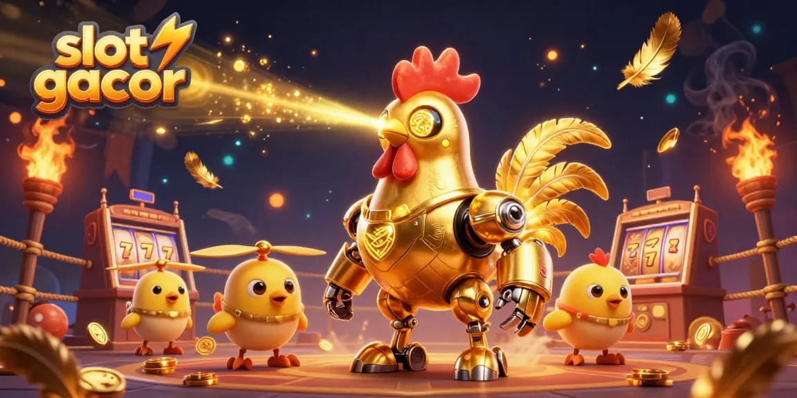 Permainan slot gacor dengan karakter robot ayam emas melawan drone anak ayam, memancarkan sinar laser.