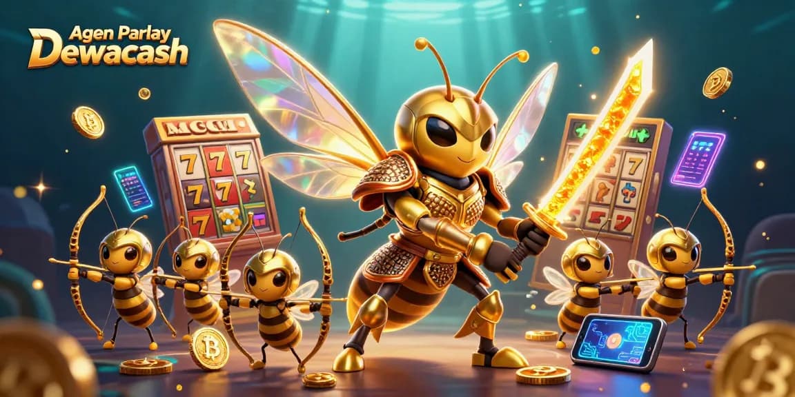 Agen Parlay Dewacash showcases an adventurous scene with a giant hornet samurai amidst slots, crypto coins, and a dazzling casino environment.