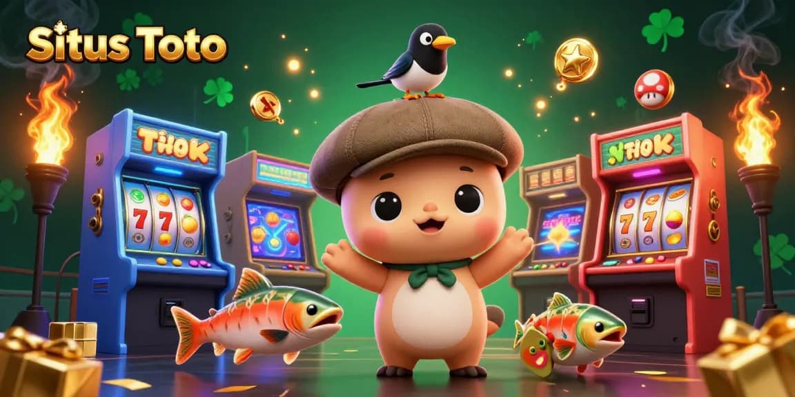 Situs Toto features a playful baby Nessie and friends amid colorful casino arcade games.