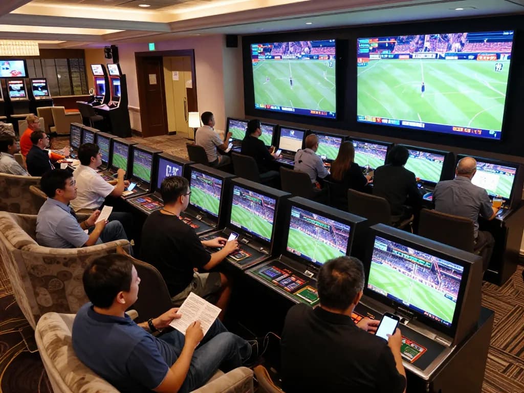 Tỷ lệ kèo nhà cái hôm nay showcased with intense bettors in a lively sports betting lounge