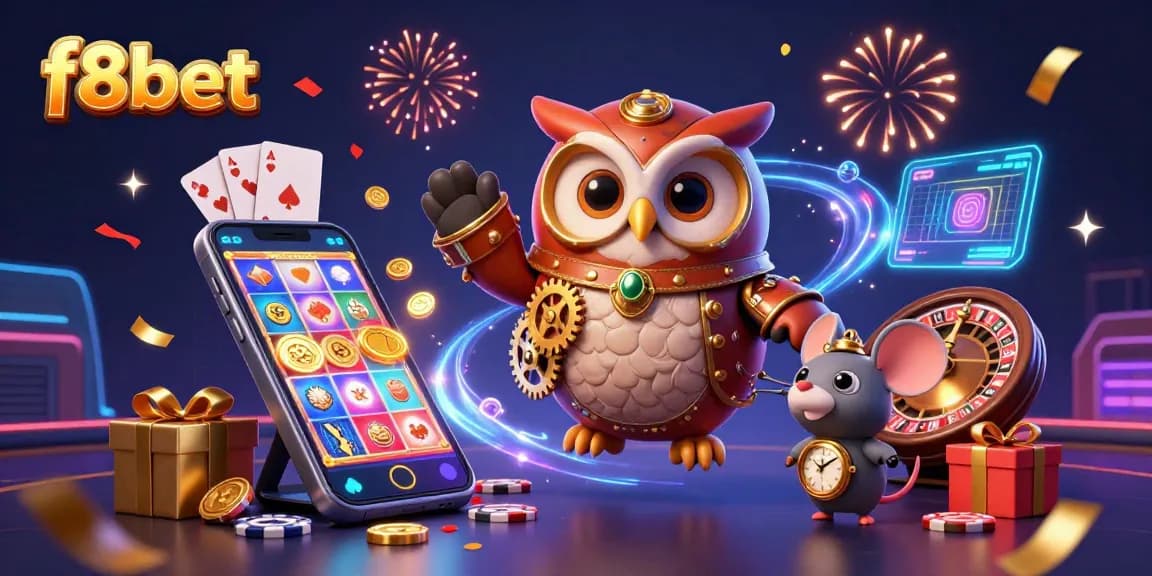 Experience the thrill of f8bet with vibrant casino games and engaging characters in a dynamic 3D illustration.
