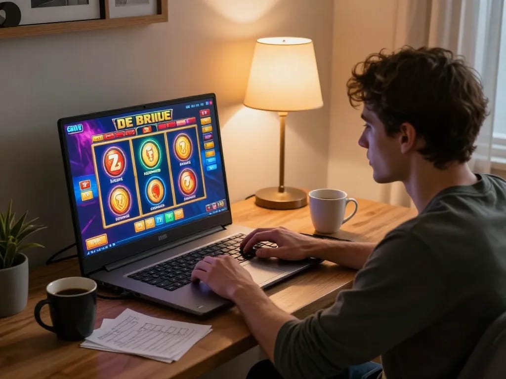 UGDEWA player enjoying a lively online slot game at home, with vibrant graphics and ambient lighting.