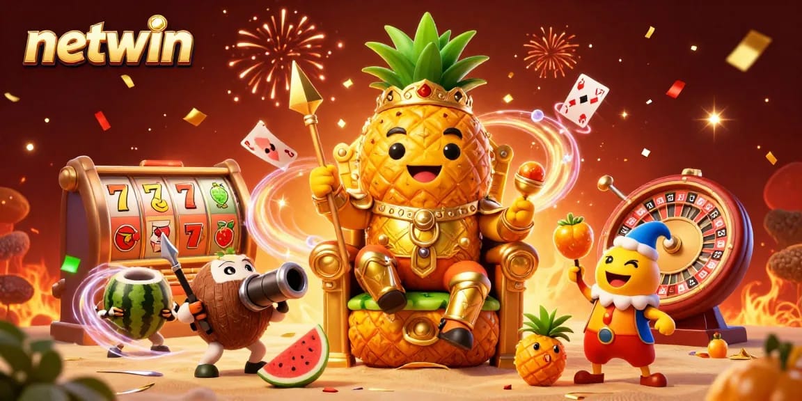 Exciting netwin casino scene with a golden pineapple king and vibrant slot elements.