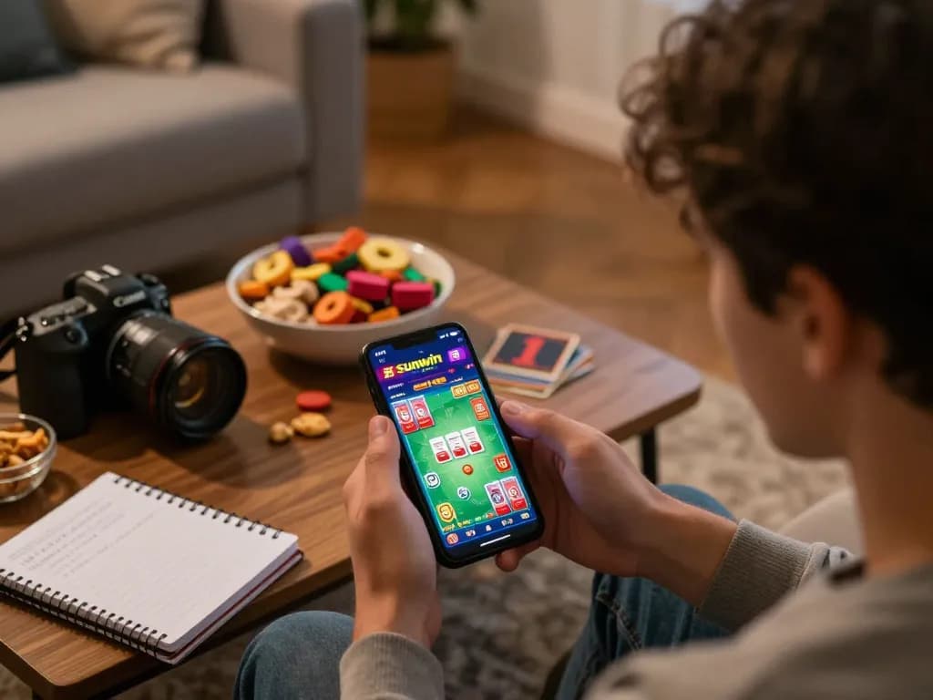 Engaging player using the sunwin casino app on smartphone during cozy home gaming session.