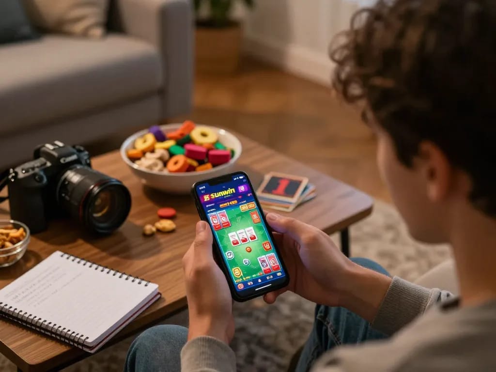 Engaging player using the sunwin casino app on smartphone during cozy home gaming session.
