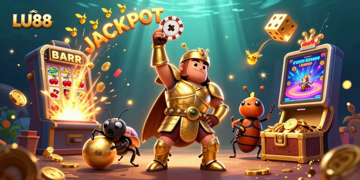 Engage with LU88's vibrant slot game scene featuring a courageous beetle in action.