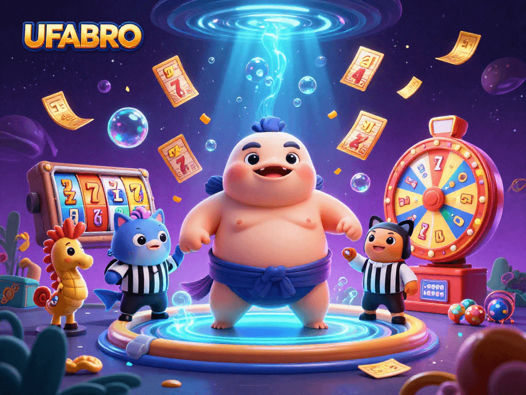 Spin to win exciting slots with UFABRO's vibrant underwater casino scene featuring dynamic characters.