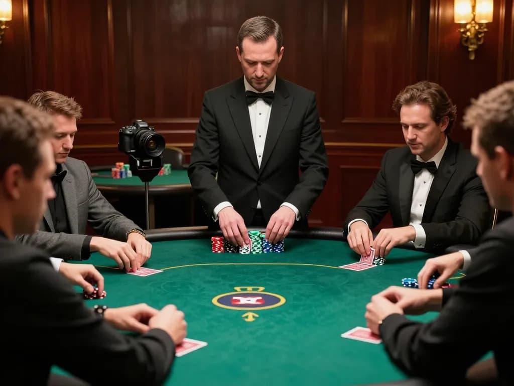 IWIN68 CLUB poker tournament showcasing players in strategic gameplay at an upscale casino table, tension and excitement evident.