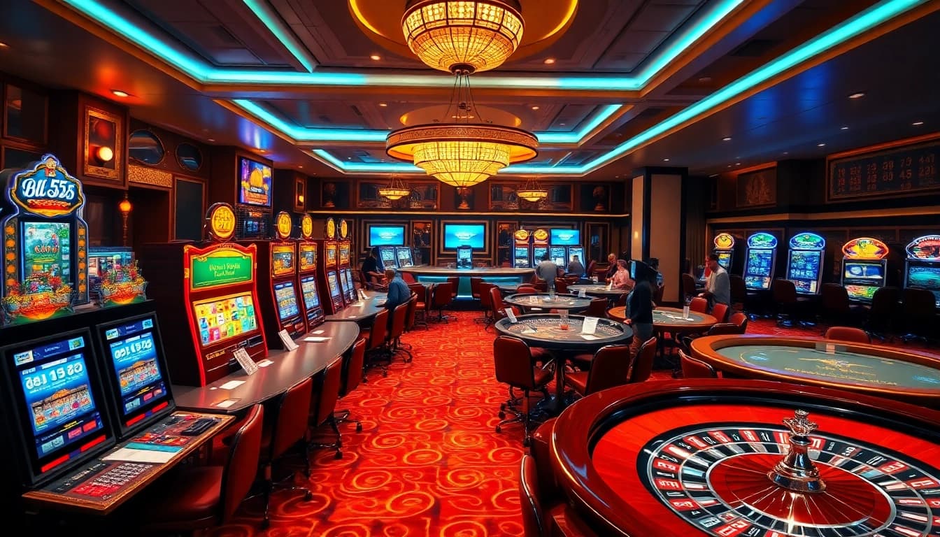 Experience the thrill of gambling with a vibrant casino scene from https://bl555.exchange/ featuring slot machines and poker tables.