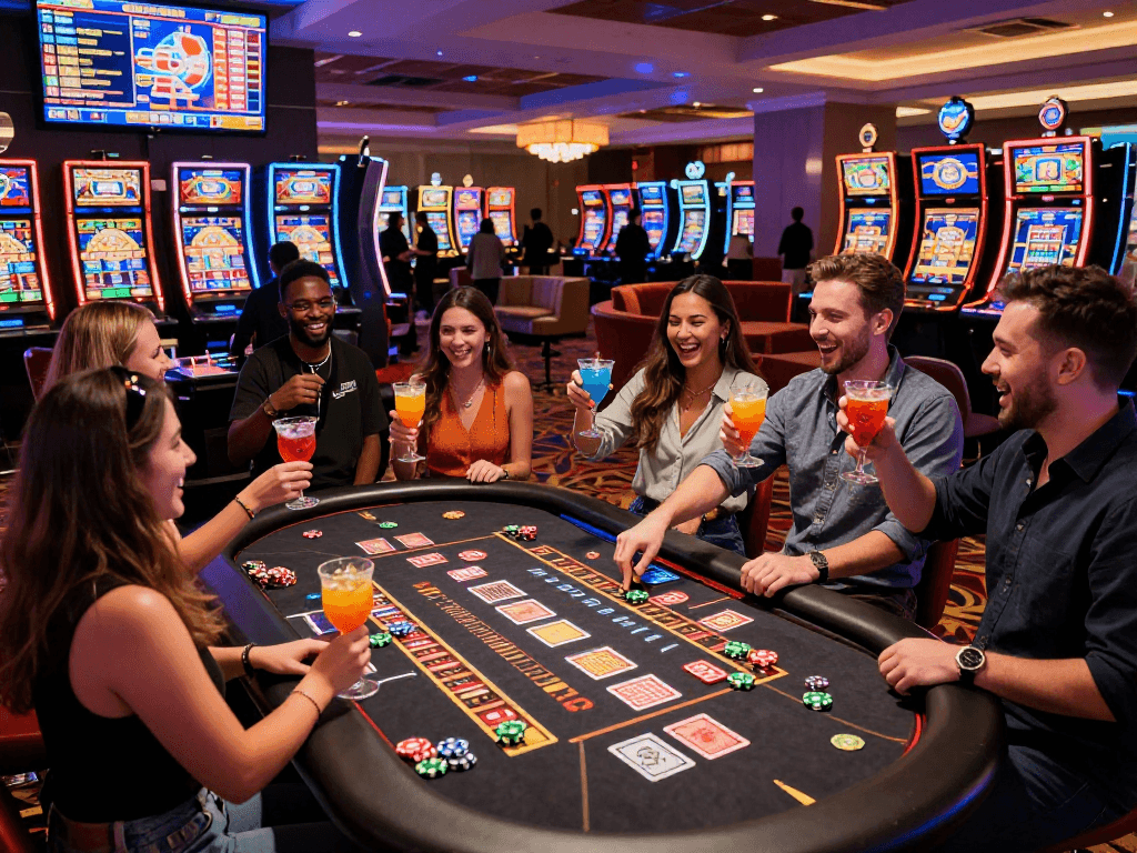 Group of friends celebrating a lucky77 win at a casino roulette table with vibrant lights and excitement.