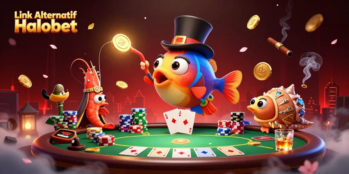Join the excitement with Link Alternatif Halobet as the anglerfish charms coins amid a vibrant casino scene.