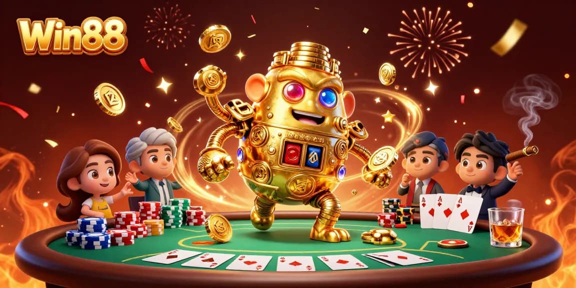 Experience thrills with Win88 at a vibrant 3D casino scene showcasing poker excitement.