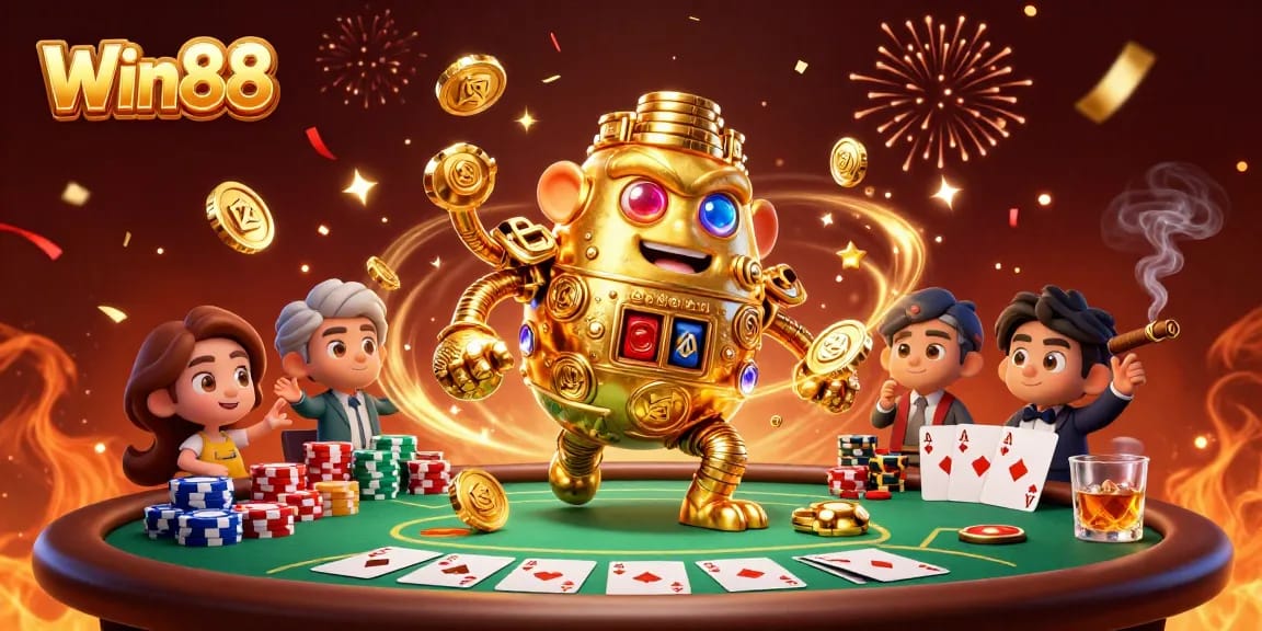 Experience thrills with Win88 at a vibrant 3D casino scene showcasing poker excitement.