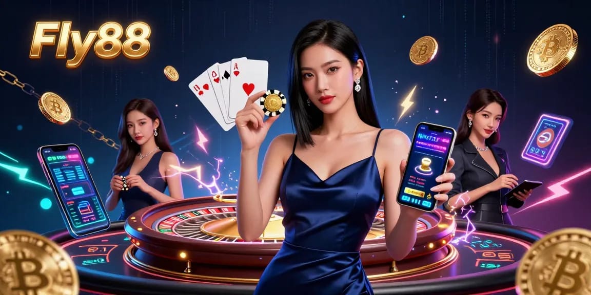 Engage with Fly88’s casino experience through an elegant woman mastering her game with cutting-edge technology.