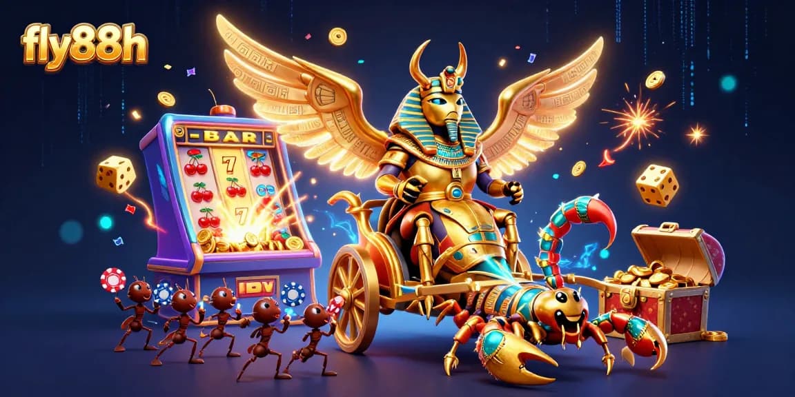 Experience the excitement of fly88h with a 3D scene showcasing glorious jackpots and casino elements.