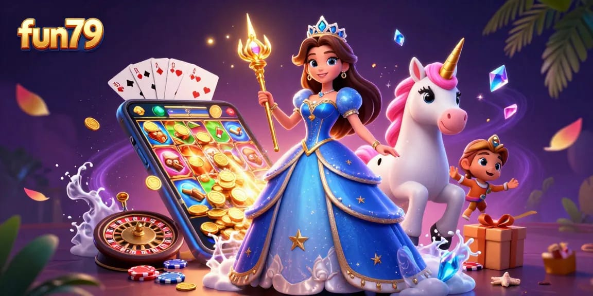 Experience fun79 with magical unicorns and thrilling gaming elements in a vibrant casino scene.
