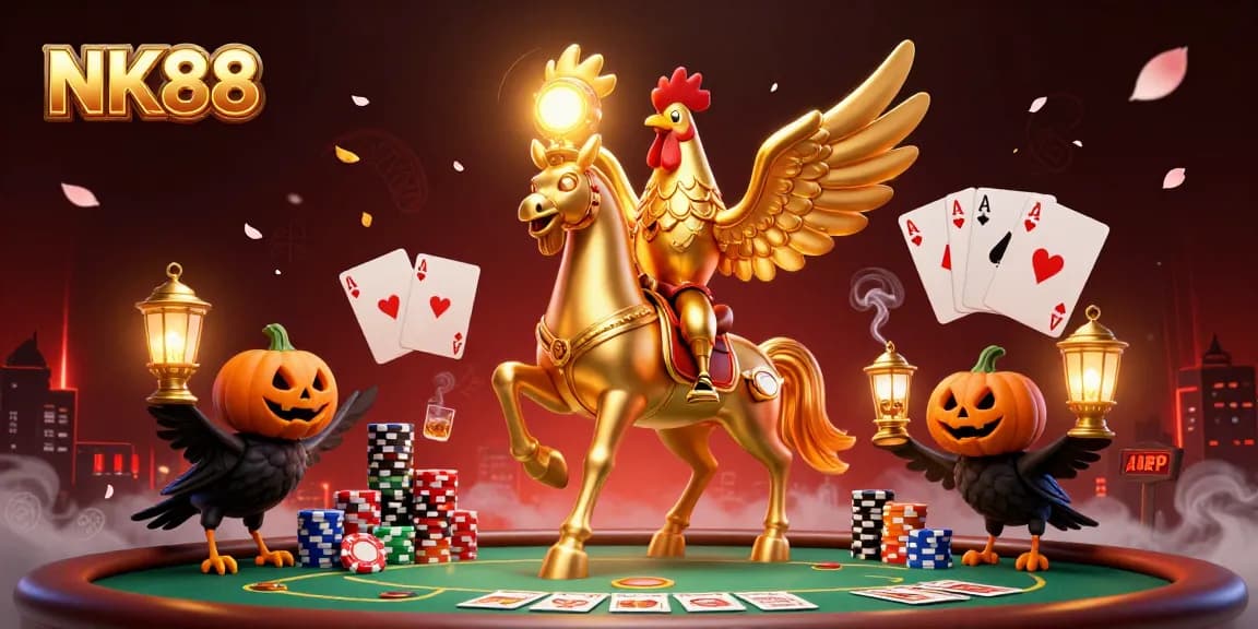 Play exciting games at NK88, featuring the headless golden rooster riding a spectral horse in a vibrant casino.