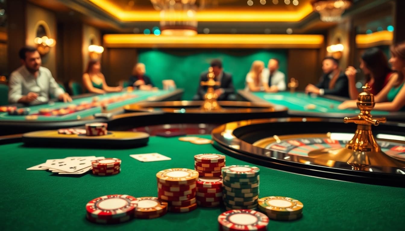 Engaging online casino singapore gaming atmosphere with poker and roulette on display.
