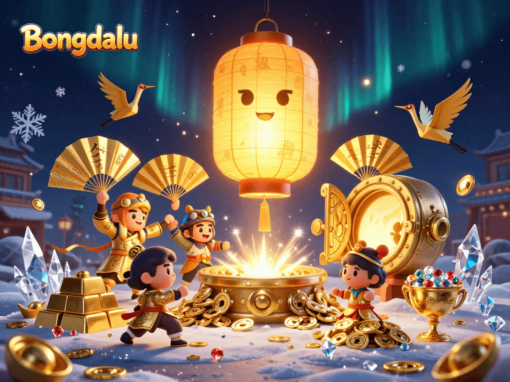 Bets and wins at Bongdalu casino with golden symbols and treasures in a fantasy illustration.