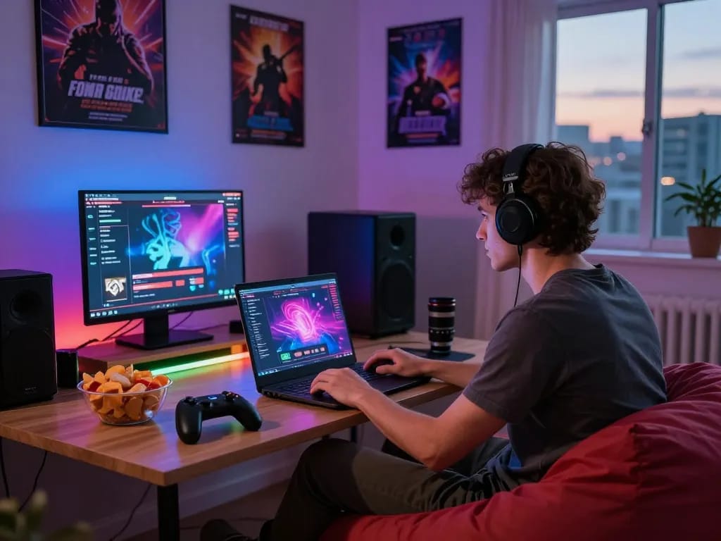 Immerse in html porn games with a focused player in a vibrant room, showcasing interactive graphics and cozy atmosphere.