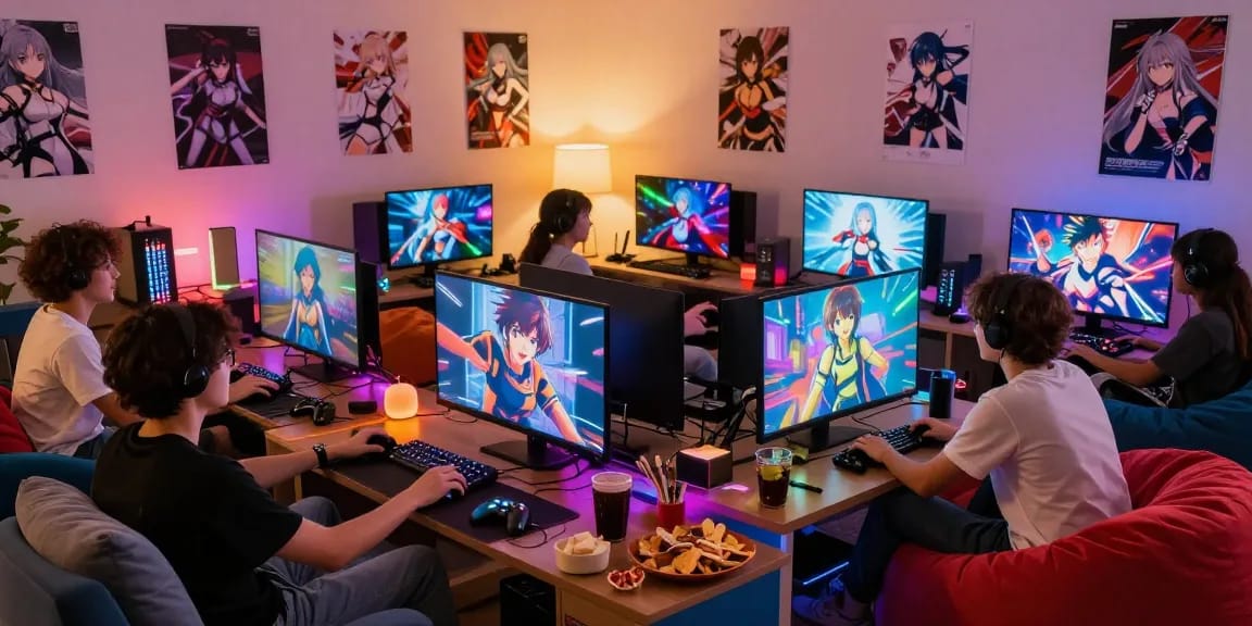 Group enjoying ecchi games in a vibrant living room setup