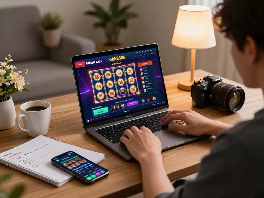 Engaging scene illustrating a player utilizing Nhà cái ok88386 on a laptop, surrounded by gaming strategies.