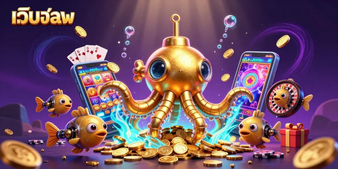 Experience thrilling เว็บบอล action with this dynamic 3D illustration featuring golden kraken and casino games.