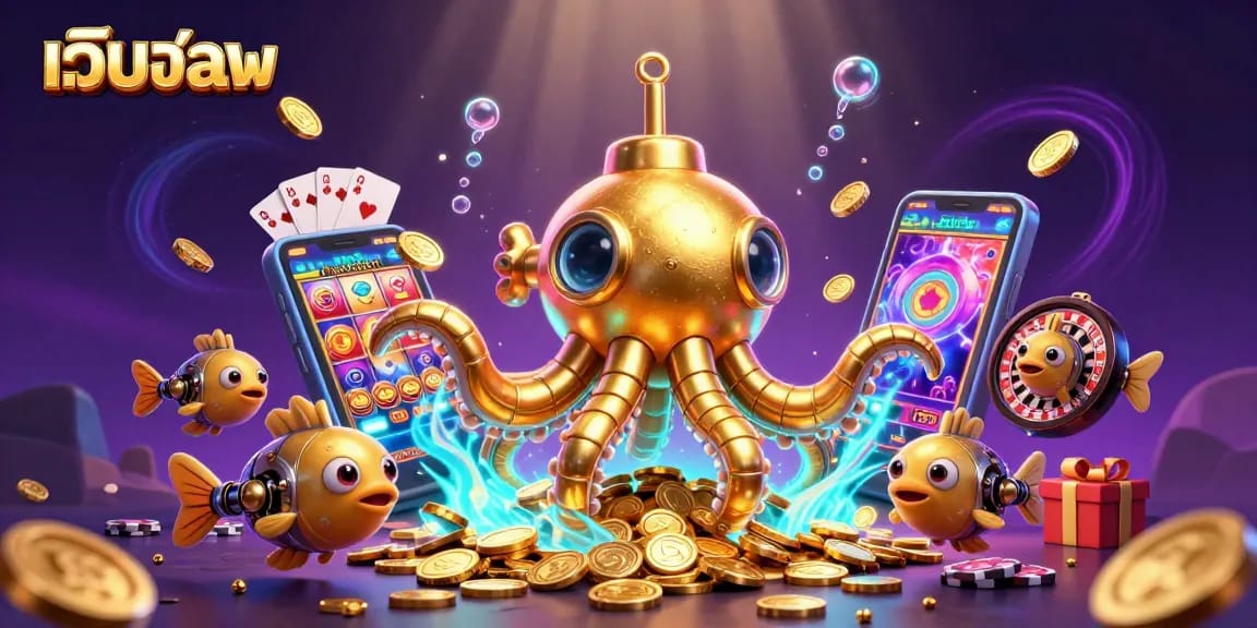 Experience thrilling เว็บบอล action with this dynamic 3D illustration featuring golden kraken and casino games.